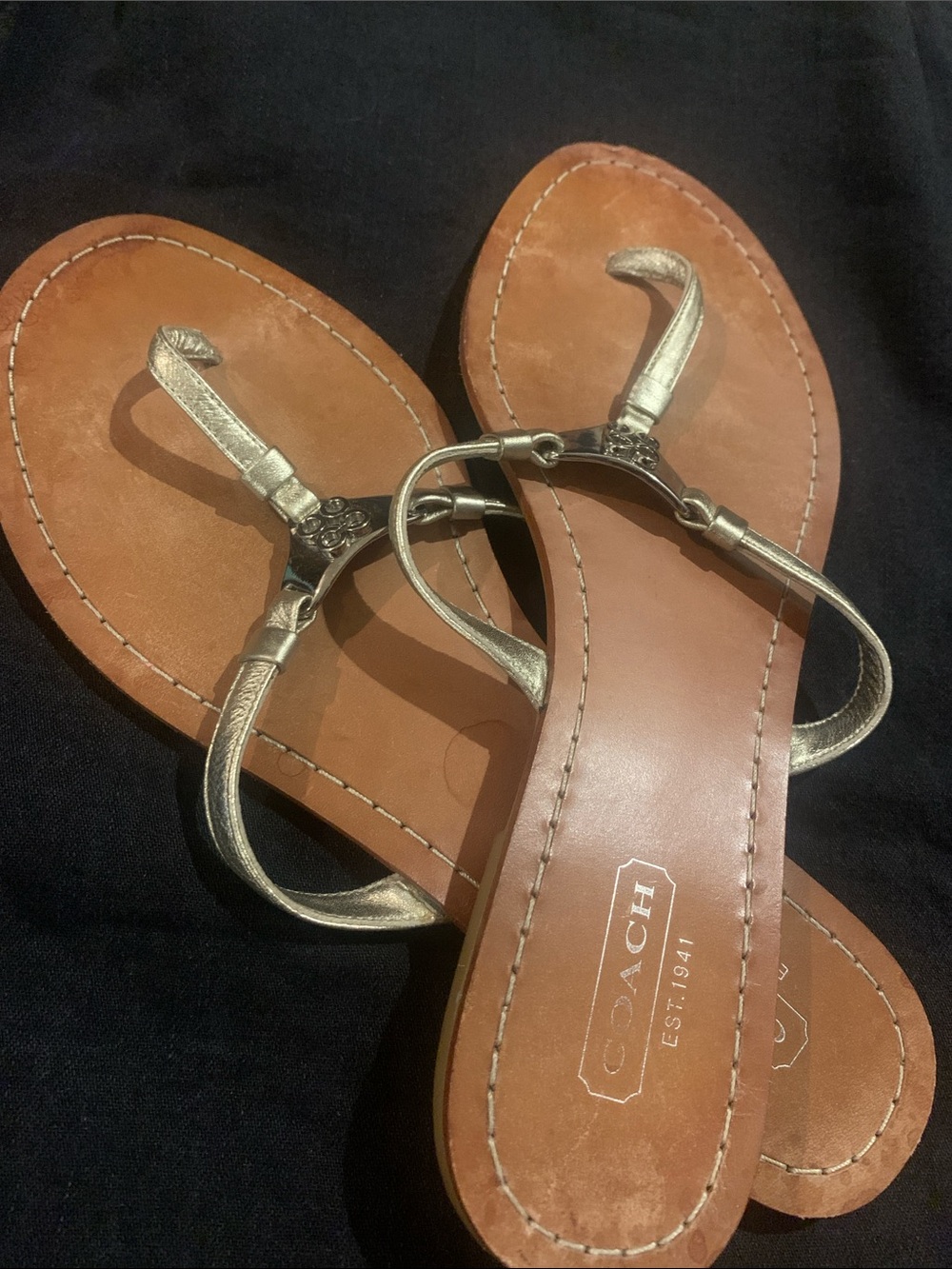 COACH Metallic Gold Leather T-Strap Sandals